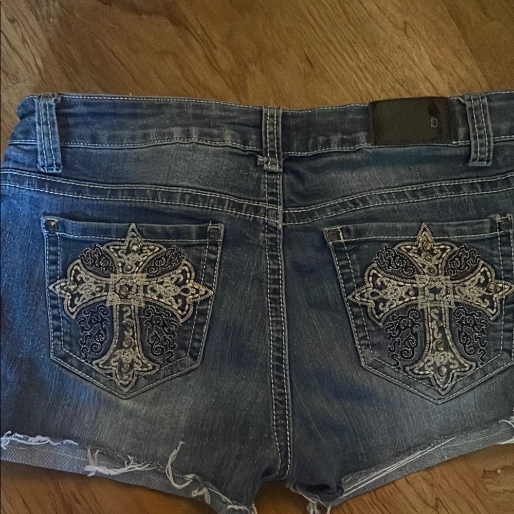 Love Indigo Wash Blue Bling Cross design Jean Shorts